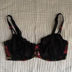 Victoria's Secret Black Lace Unlined Demi Bra with Pink Floral Trim